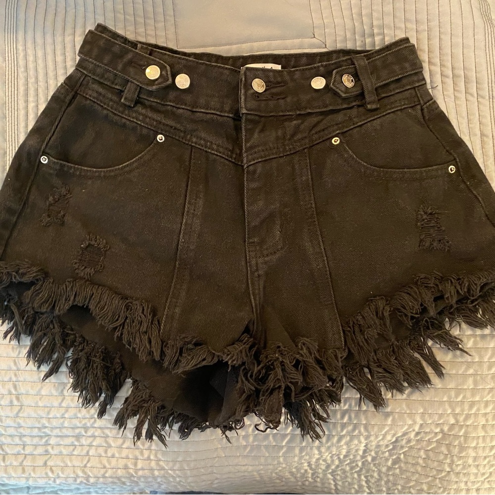 High-Waist Black Frayed Denim Shorts - Women